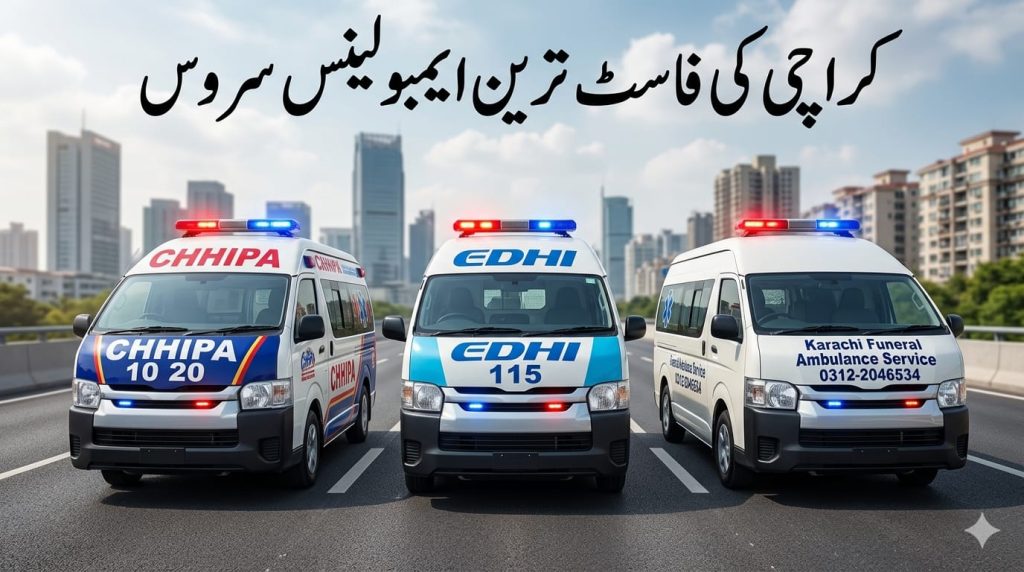 Fast ambulance service in Karachi including Edhi, Chhipa, and private funeral transport vehicles, ready for emergency response 24/7 across the city.